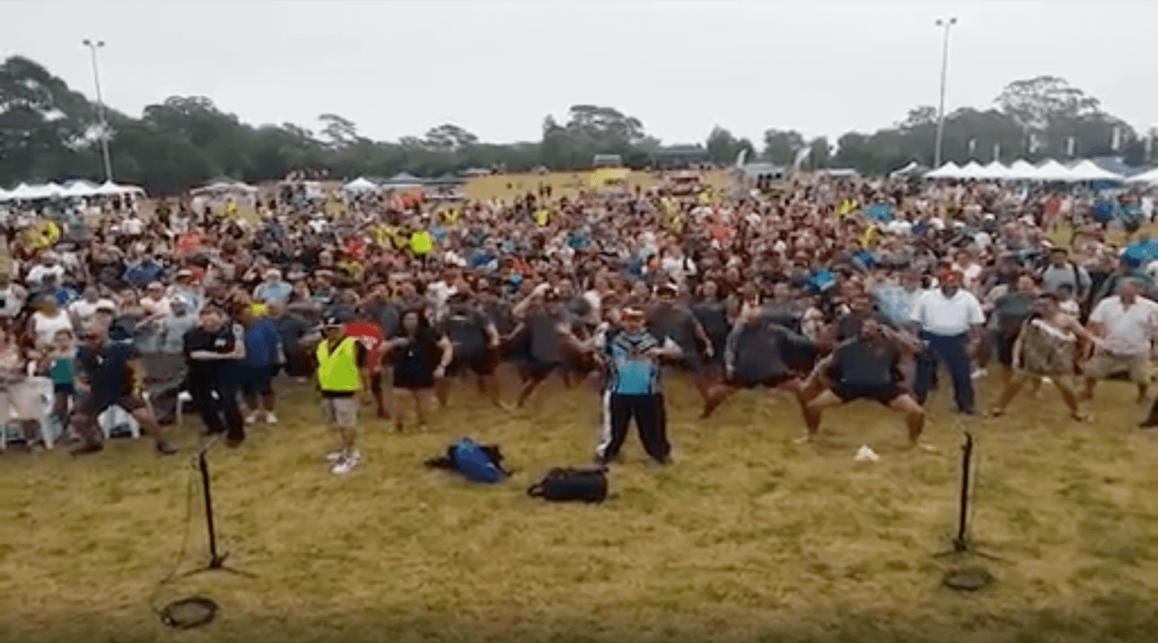 A crowd performs a haka on a field.